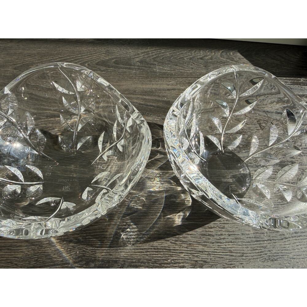 Set of 2 Tiffany & Co Riedel Crystal Floral Vine Leaf Bowls Signed Germany